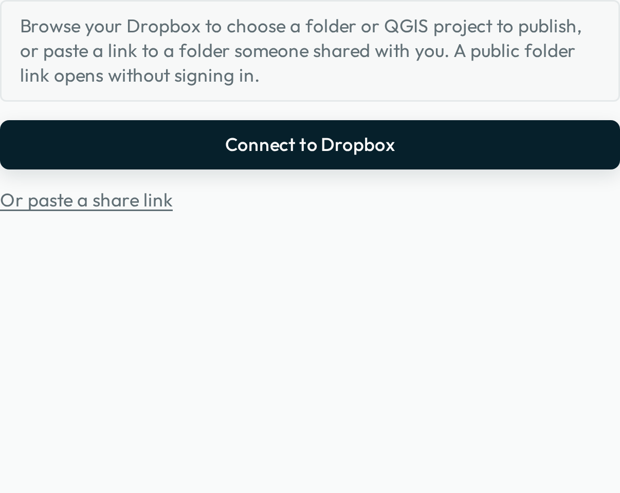 Groundwork's Dropbox panel before signing in, showing the Connect to Dropbox button above a collapsed "Or paste a share link" row.