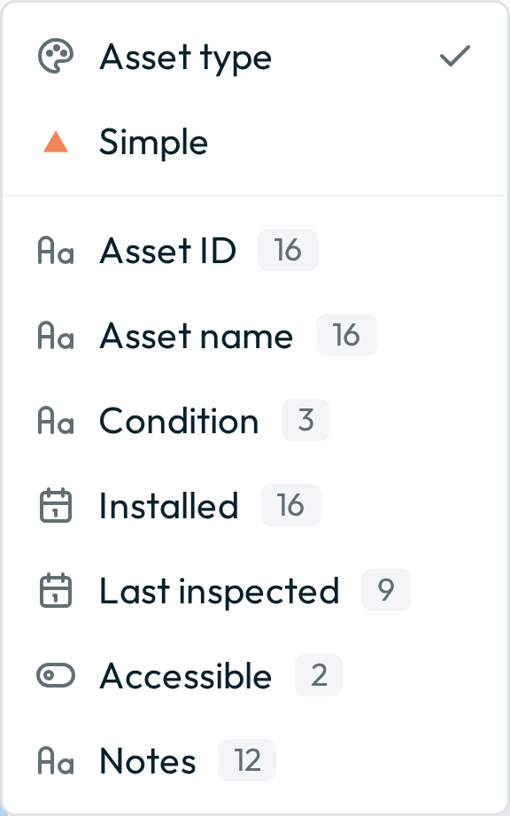 The Style submenu of the layer actions menu: the styles the layer publishes and a Simple entry above the line, with the layer's own fields below it.